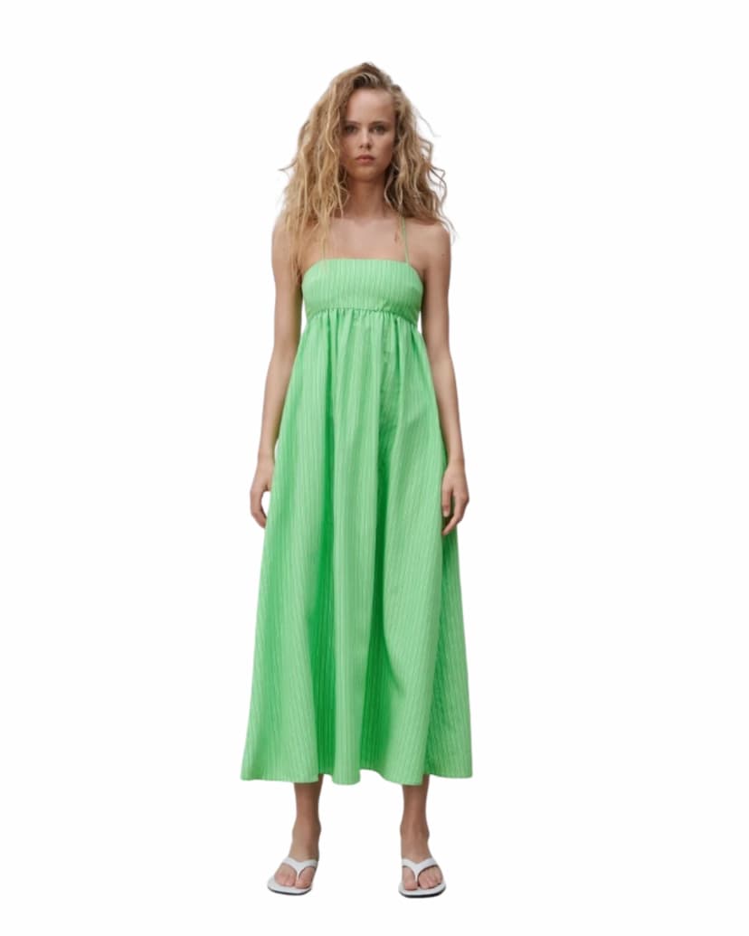 GREEN STRIPED VOLUMINOUS MIDI DRESS